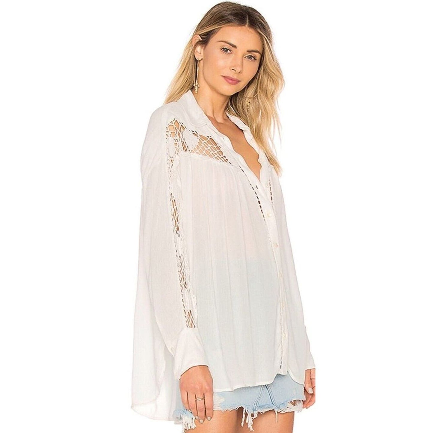 Free People Katie Bird Crochet Inset Ivory Button-Up Shirt Women's Size XS