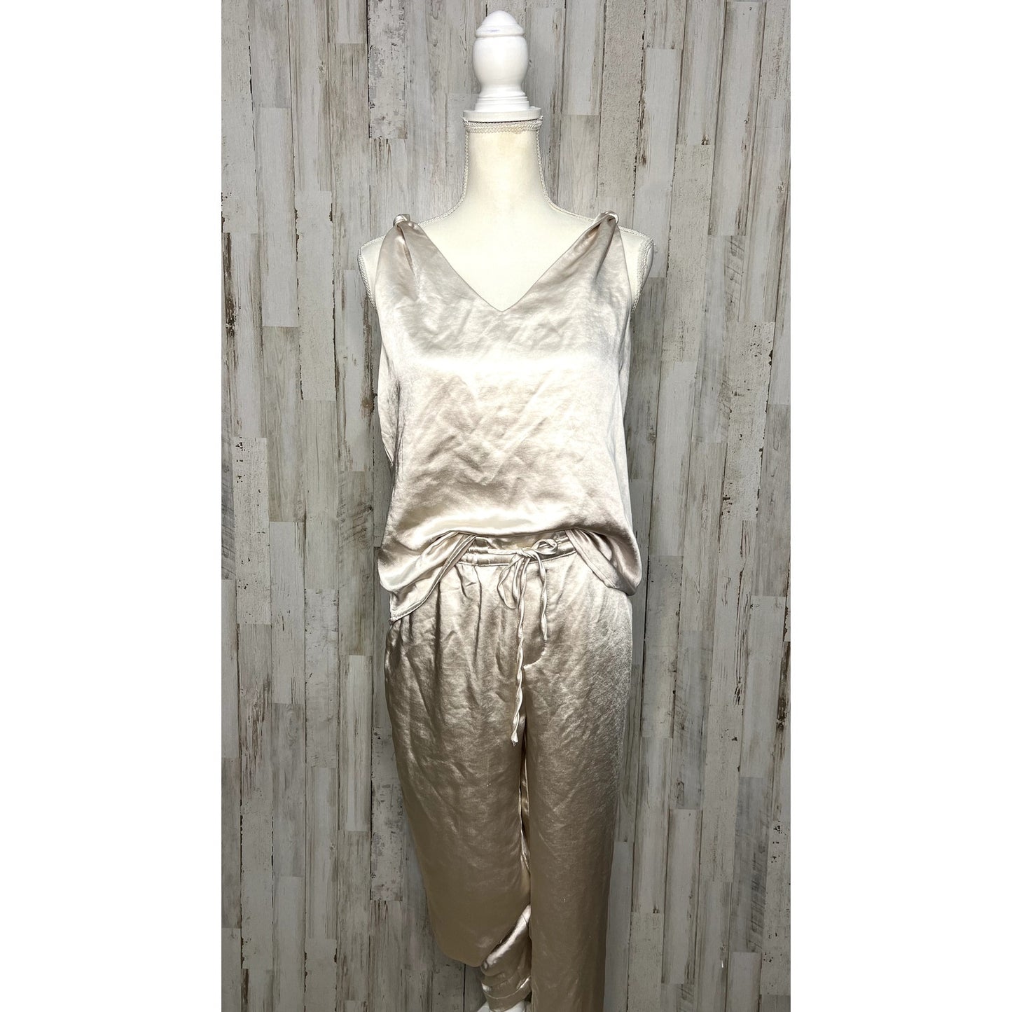 Skies Are Blue Women's Beige Satin Cami Lounge Set Size Small Sleeveless V-Neck