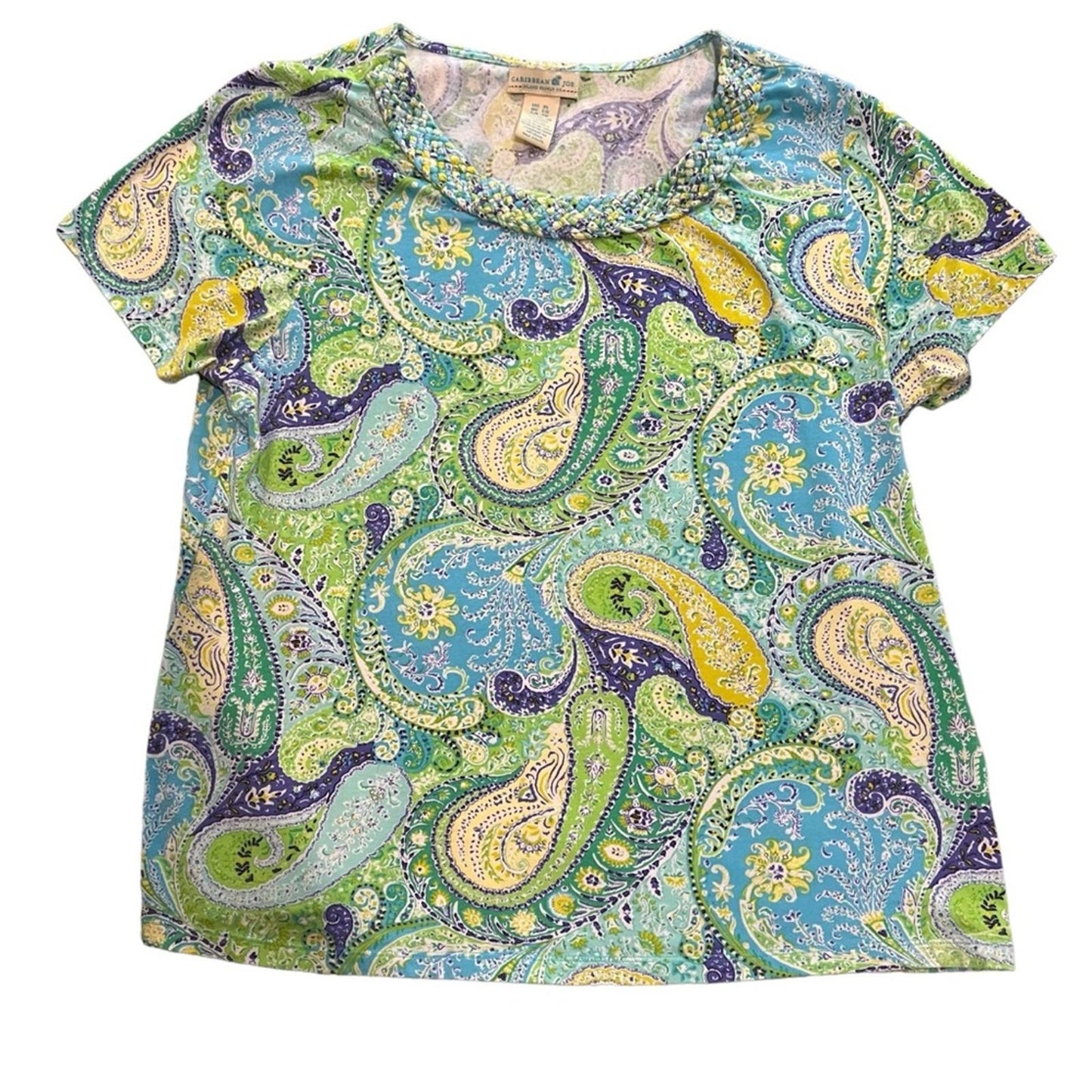 Caribbean Joe Women's Blue & Green Tropical Paisley Short Sleeve Top Size XL