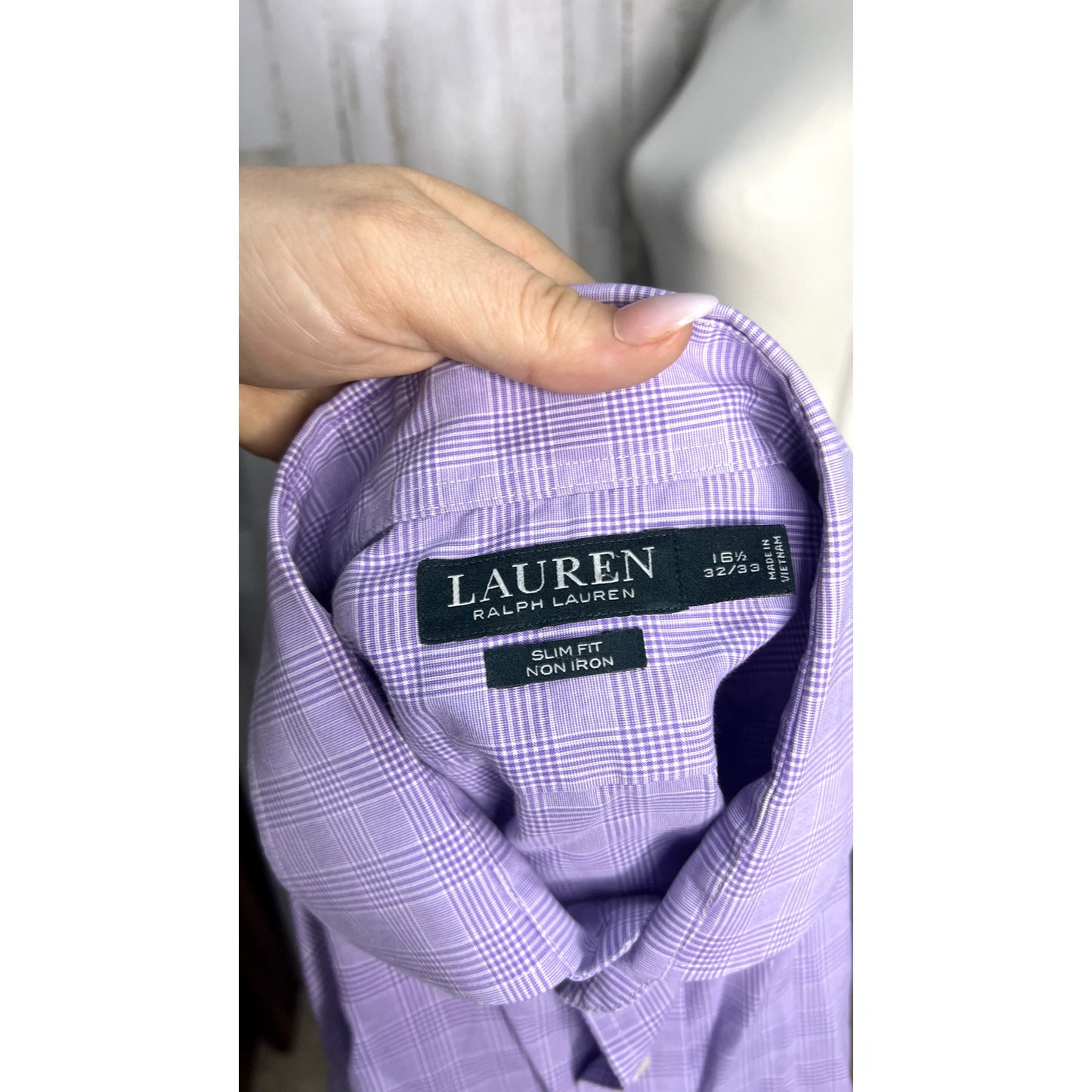 Lauren Ralph Lauren Mens Size 16.5 Slim Fit Purple Plaid Long Sleeve Dress Shirt