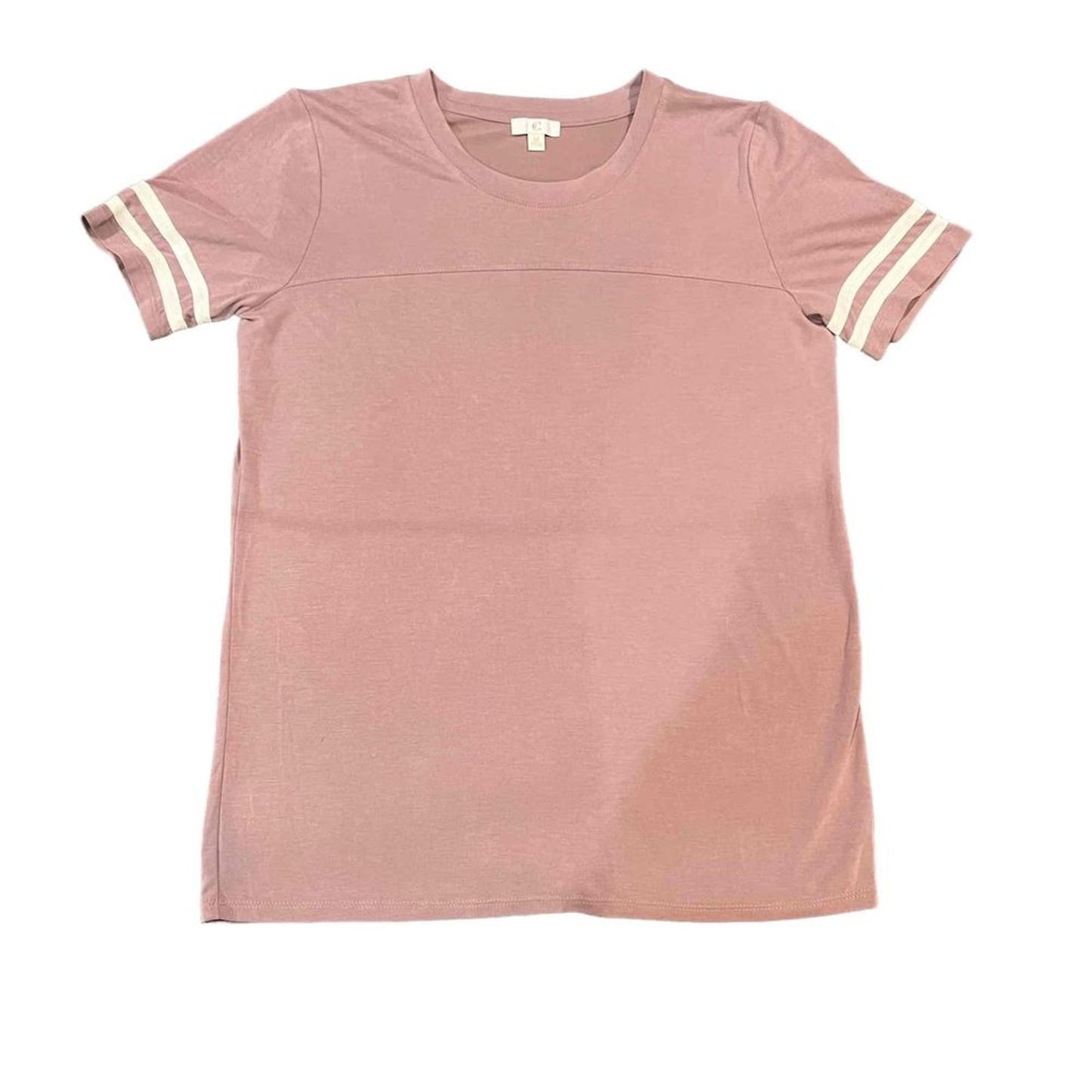 C Short Sleeve Crew Neck Striped Trim Rose Pink T-Shirt Size Medium