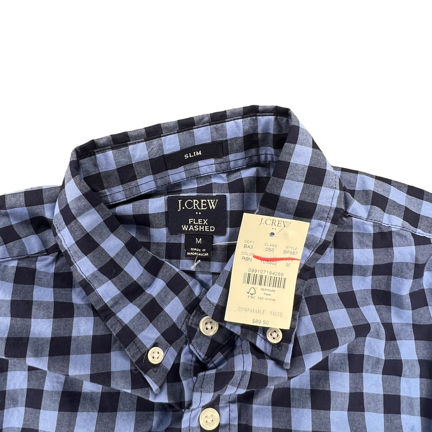 J.CREW Men's Medium Flex Washed Navy/Blue Gingham Long Sleeve Button-Down Shirt