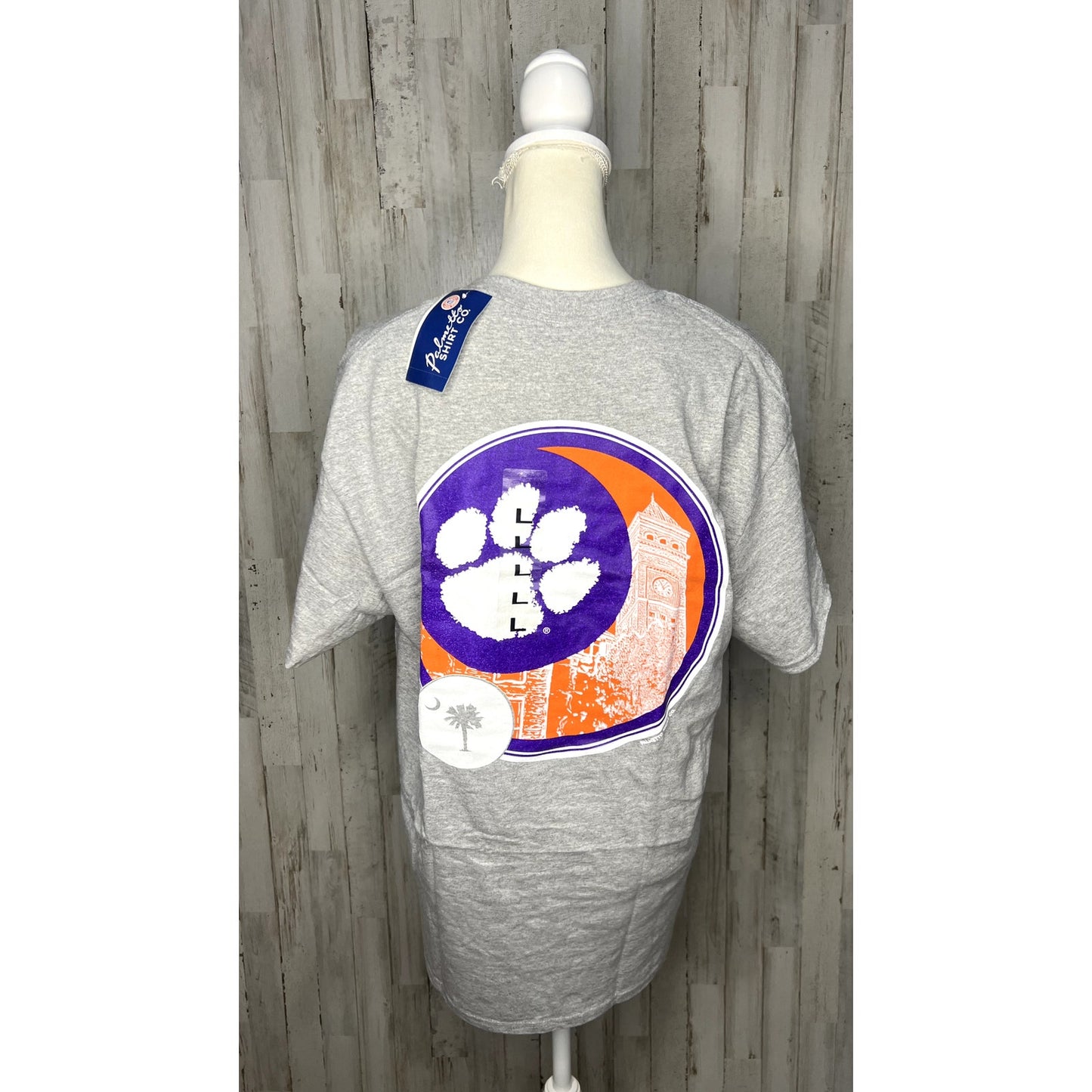 NWT Clemson Tigers Unisex Gray Paw Print Clock Tower Logo Short Sleeve T-Shirt