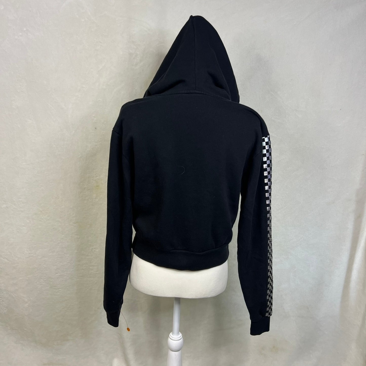 Vans Women's XS Black Shine It Cropped Checkerboard Sleeve Pullover Hoodie