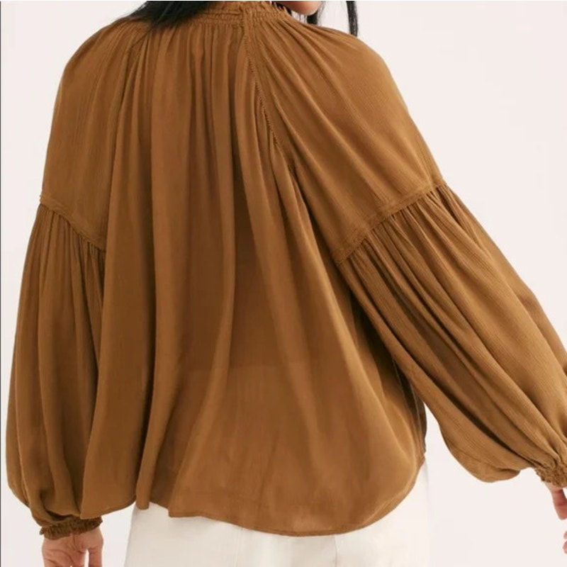 Free People Women's Large Brown Banda Blouse Ginger Snap Long Sleeve Blouse