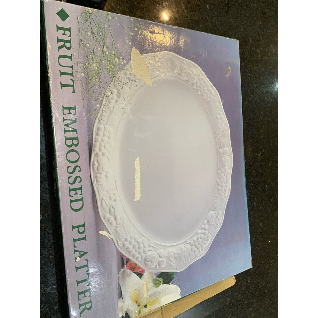 Fruit Embossed Oval Serving Platter White