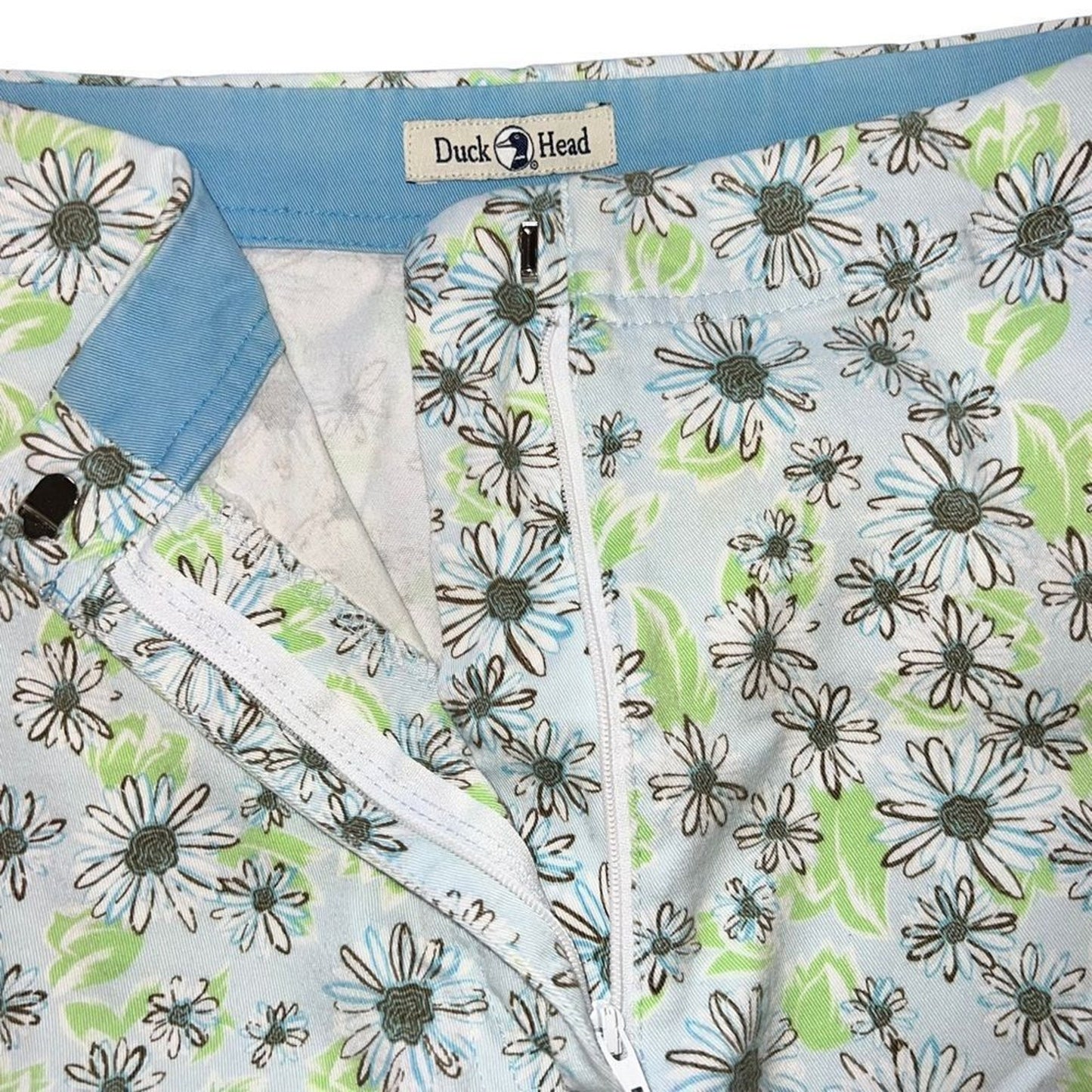 Duck Head Capri Pants Womens Size 12 Blue Green White Daisy Floral Stretch