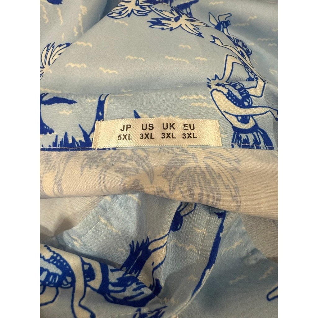 Men's 3XL Hawaiian Shirt Light Blue Tropical Print Hula Dancers Palm Trees