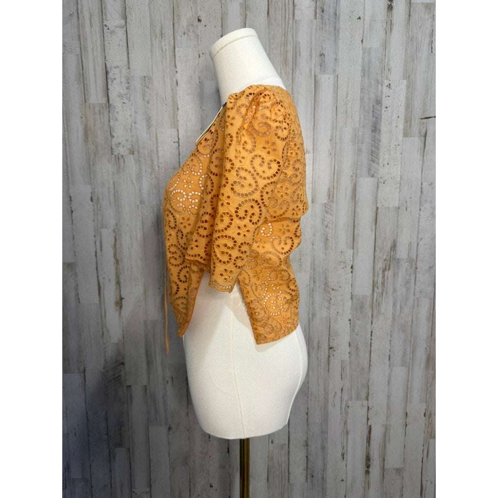 NWT Sandro Women's Orange Livio Tie Front Cropped V-Neck Blouse Size 0