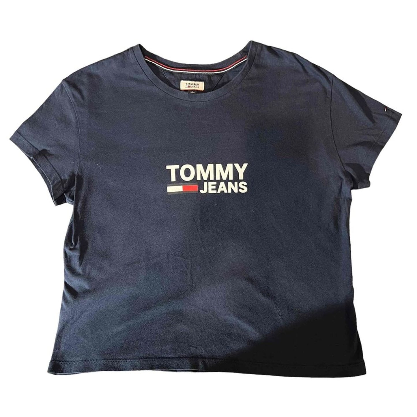 Tommy Jeans T-Shirt Womens Medium Navy Blue Logo Graphic Cropped Crew Neck