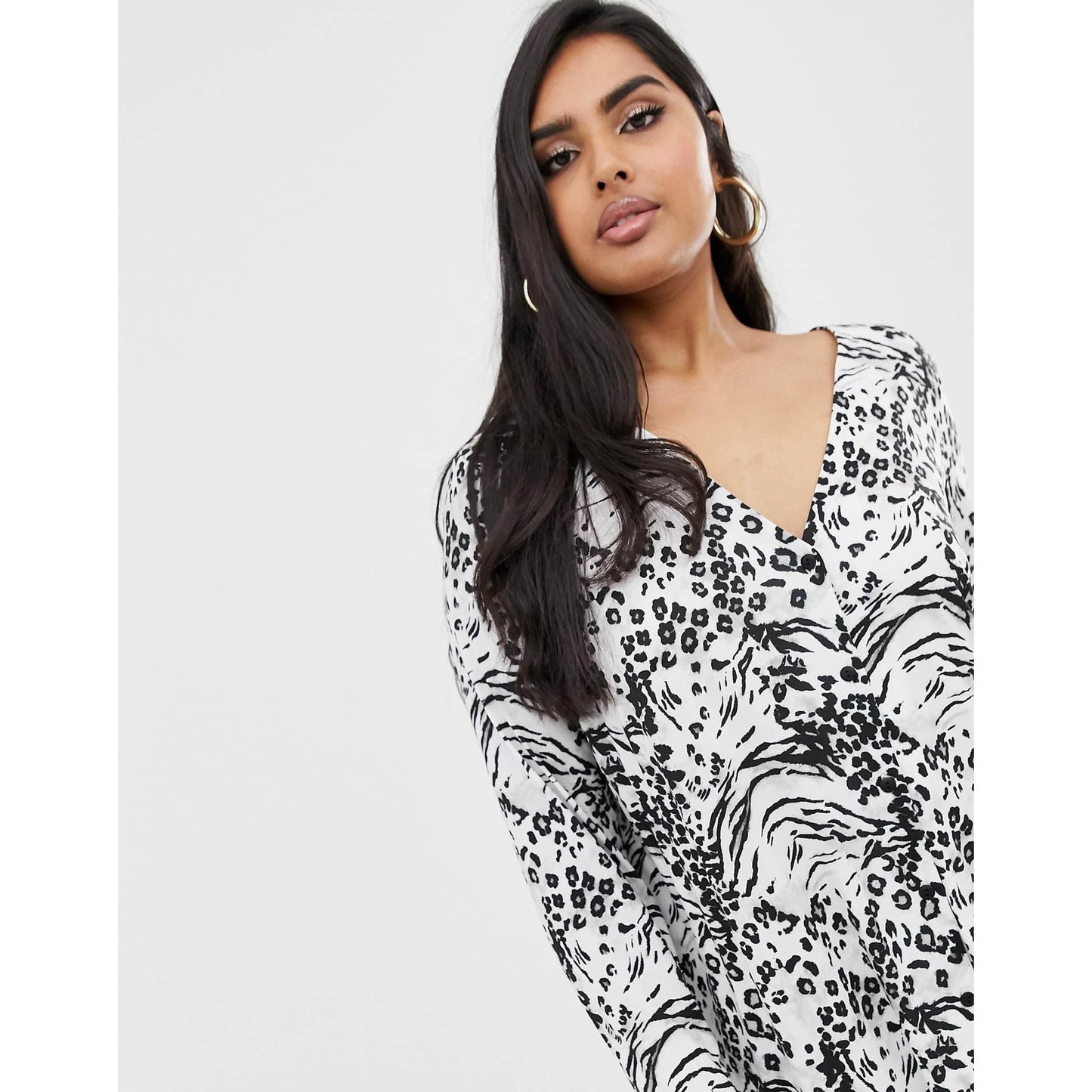 ASOS DESIGN Women's Size 16 Black Animal Print Long Sleeve Button Front Dress
