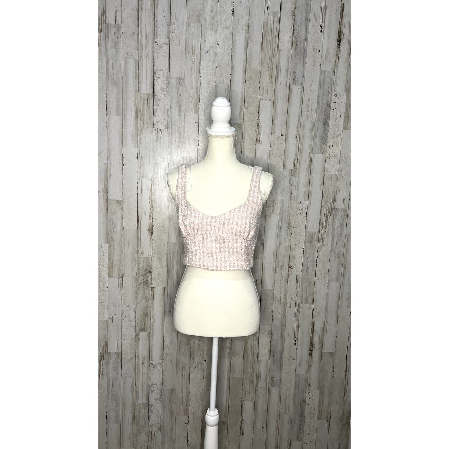 NWOT Zara Women's Medium Pink/White Tweed Textured Corset Top Cropped Sleeveless