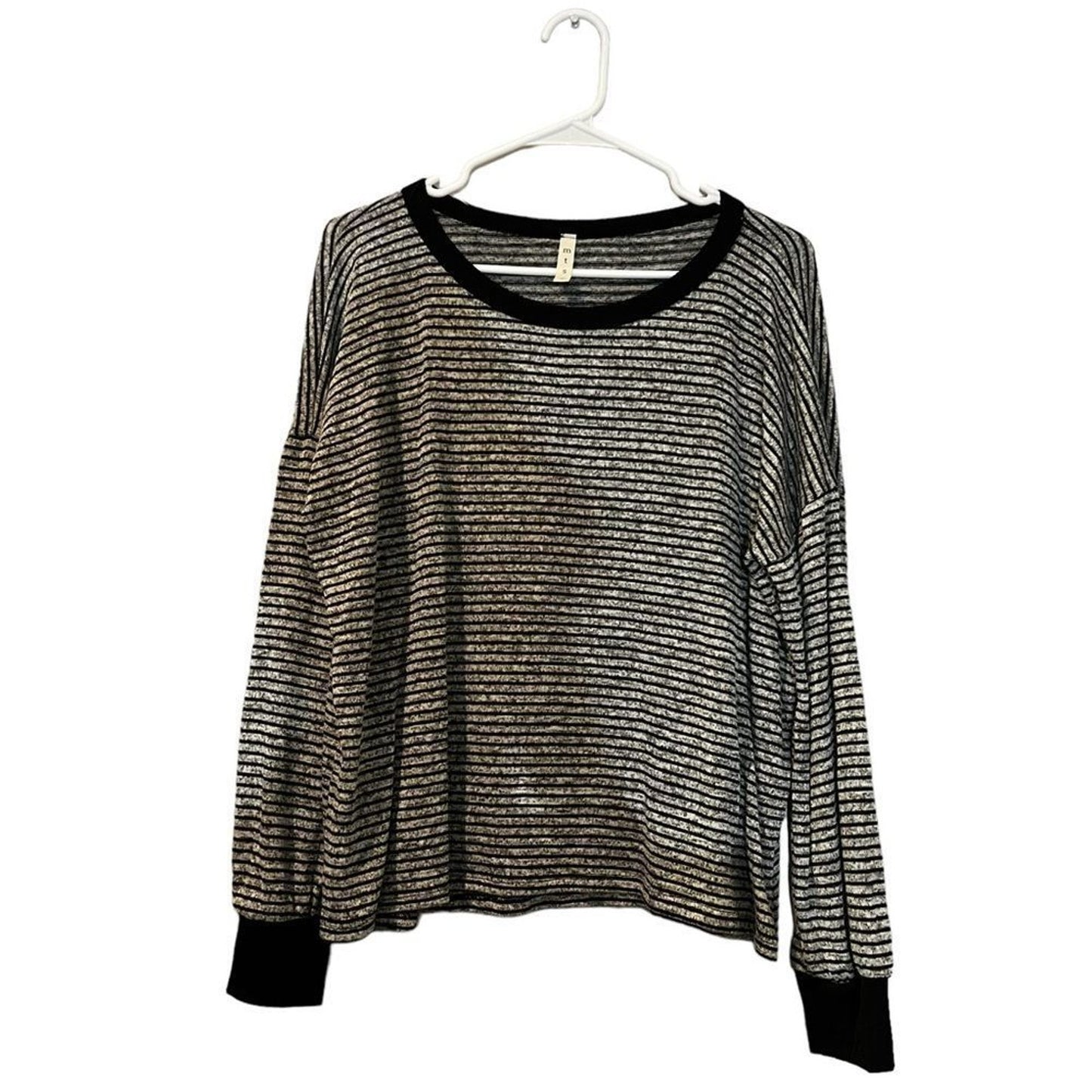 MTS Top Womens Size Medium Black & Gray Striped Long Sleeve Crew Neck Pullover