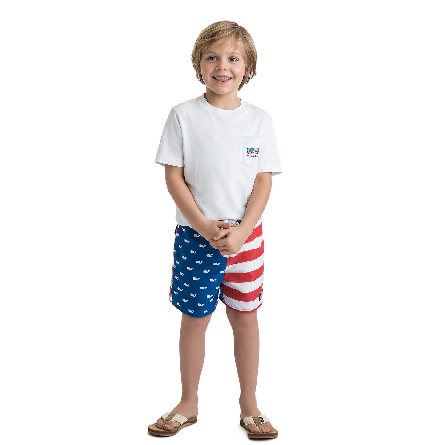 Vineyard Vines Boy's XL Whale American Flag Chappy Quick Dry Swim Trunks