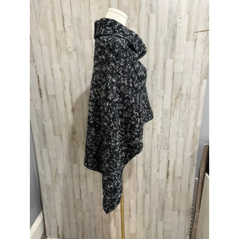 Eileen Fisher Cape Poncho Sweater Womens One Size Black White Funnel Neck