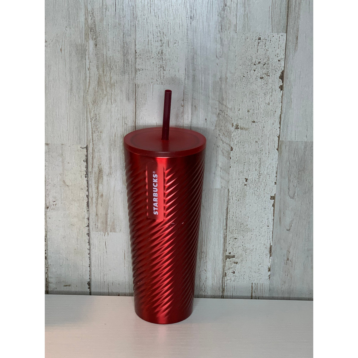 Starbucks Holiday Cold Cup Tumbler Red Metallic Swirl 24oz Lid Straw