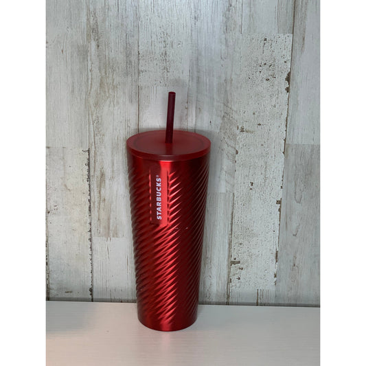 Starbucks Holiday Cold Cup Tumbler Red Metallic Swirl 24oz Lid Straw