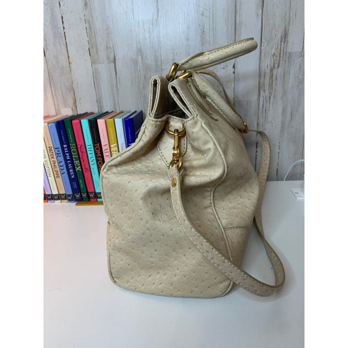 Marc by Marc Jacobs Cream Ostrich Embossed Satchel Bag Gold Hardware Leather Crossbody