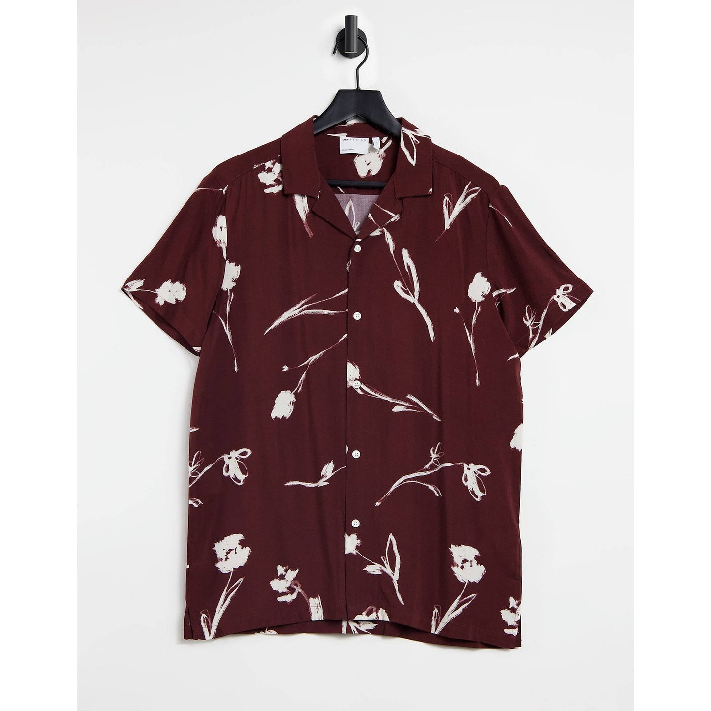 ASOS Design Men's Medium Burgundy Floral Print Revere Short Sleeve Button Down