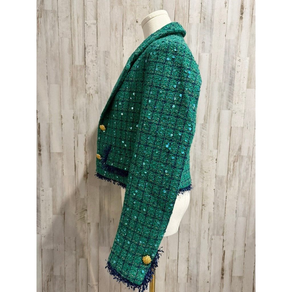 NWT TOCCIN Jacket Womens Size 4 Green Tweed Sequin Cropped Fringe Trim Gold