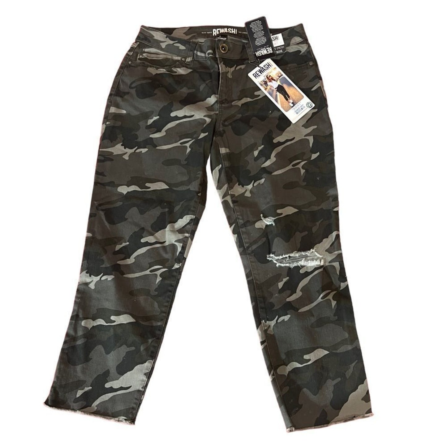 NWT Rewash Jeans Juniors 13/31 Gray Camo Straight Mid Rise Distressed Raw Hem