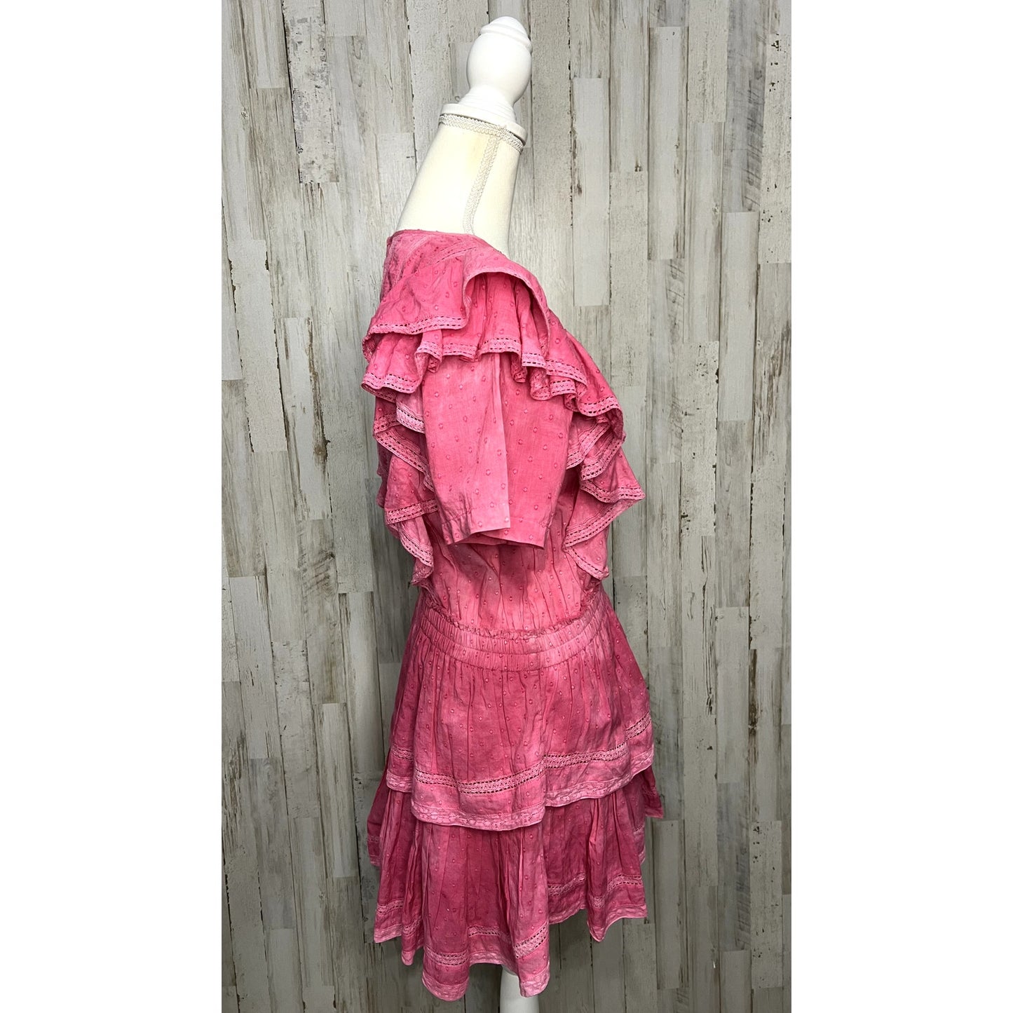 LoveShackFancy Natasha Mini Dress Women's Size Large Pink Ruffle Scoop Neck