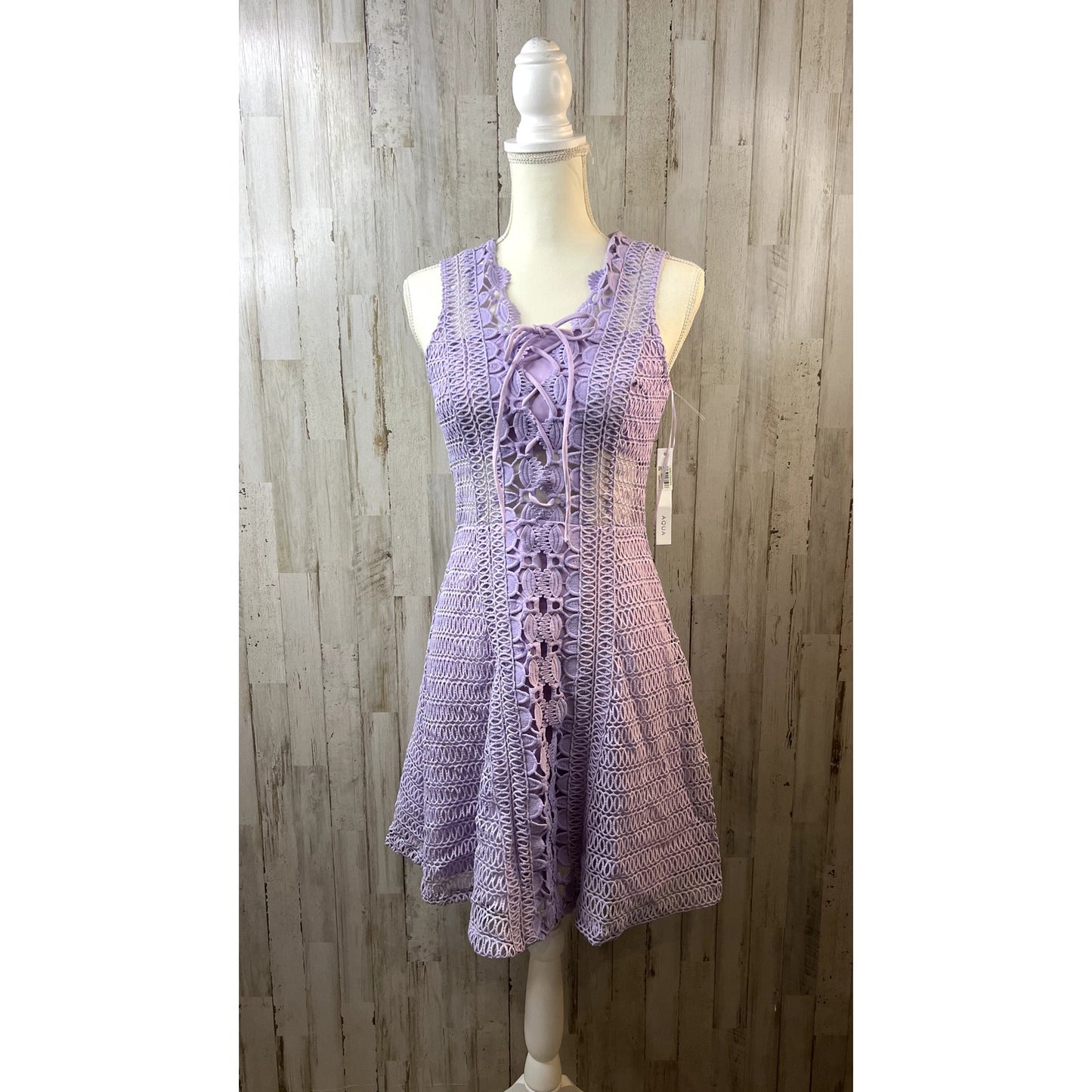 Aqua Crochet Lace Up Fit & Flare Lavender Dress Small Sleeveless Knee Length