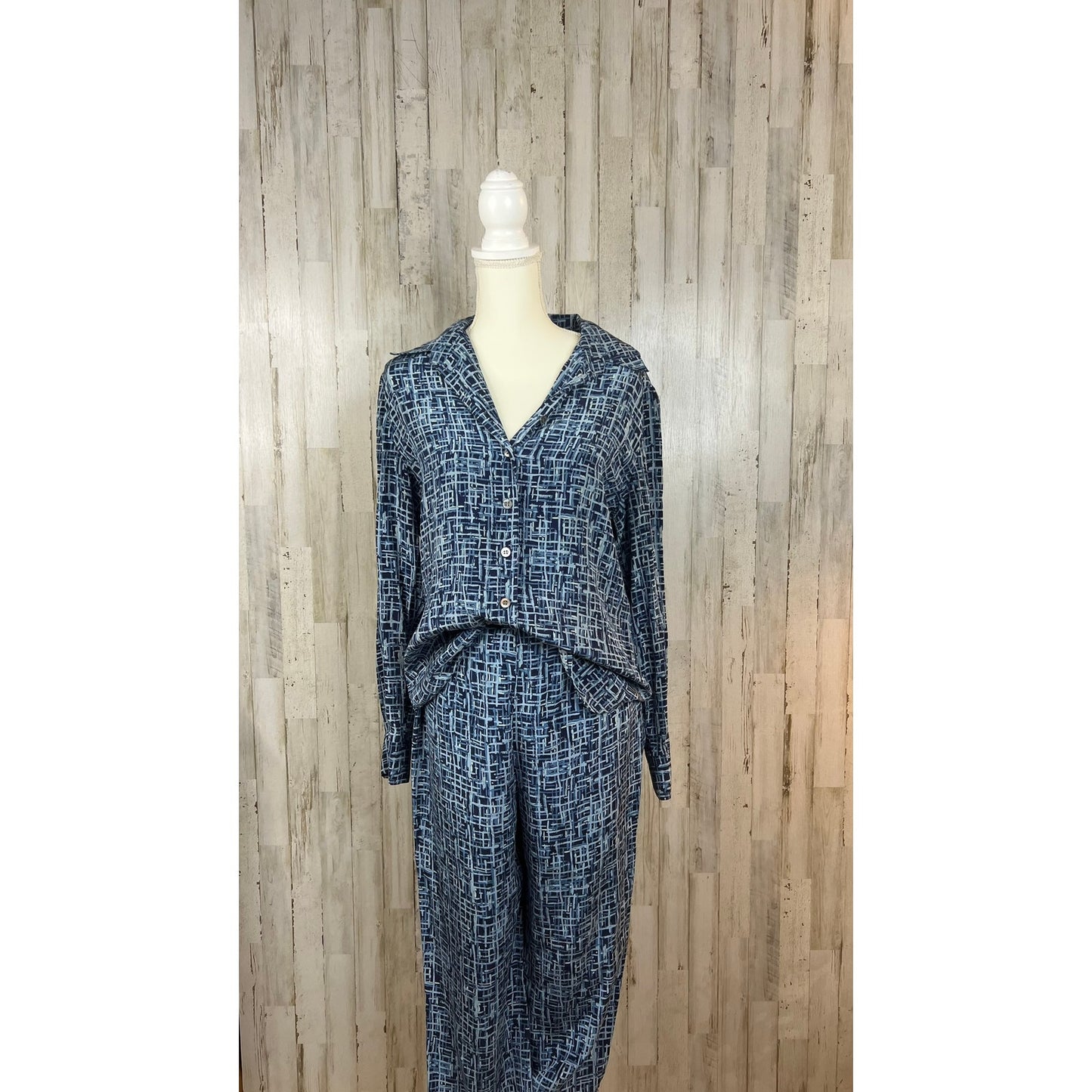 Vintage Katherine Kelly Collection Womens Blue Silk-Blend Geometric Print Outfit