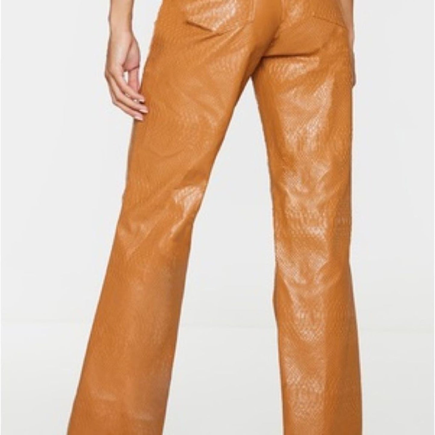 NWT Pretty Little Thing Tan Faux Leather Croc Split Hem Skinny Pants Size 14