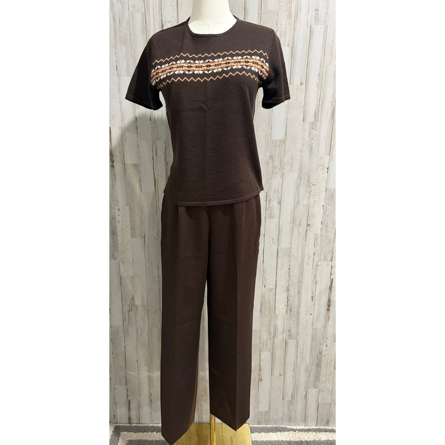 Kasper Suit Set Womens Petite 6P Brown Knit Sweater Top & Dress Pants 2pc
