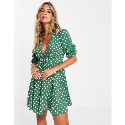 ASOS Women's Size 10 Green Polka Dot Tie Front Mini Tea Dress Short Sleeve