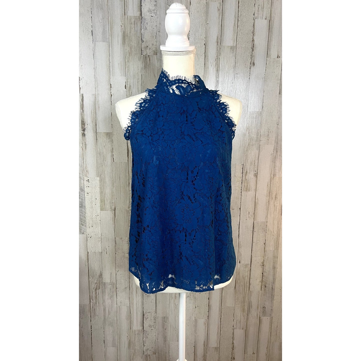 Diane Von Furstenberg Women's Small Jemmie Blue Lace High Neck Sleeveless Top