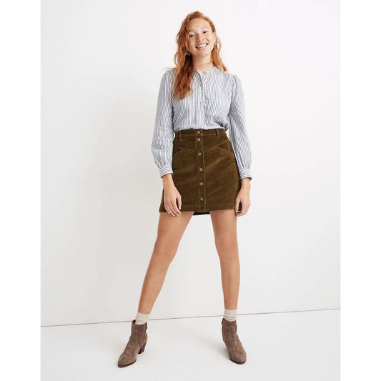 NWT Madewell Women's Green Corduroy A-Line Snap Mini Skirt Size 10 Casual Fall