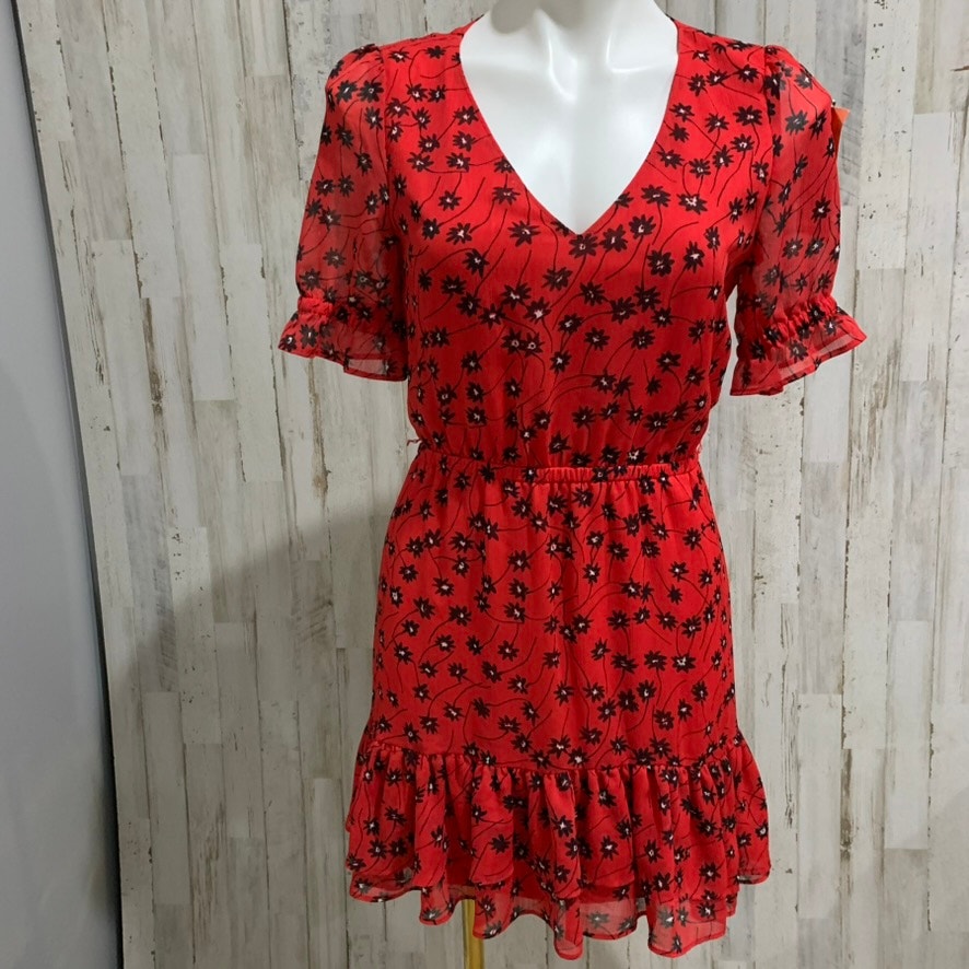 Express Dress Womens XS Red Black Floral V-Neck Ruffle Hem