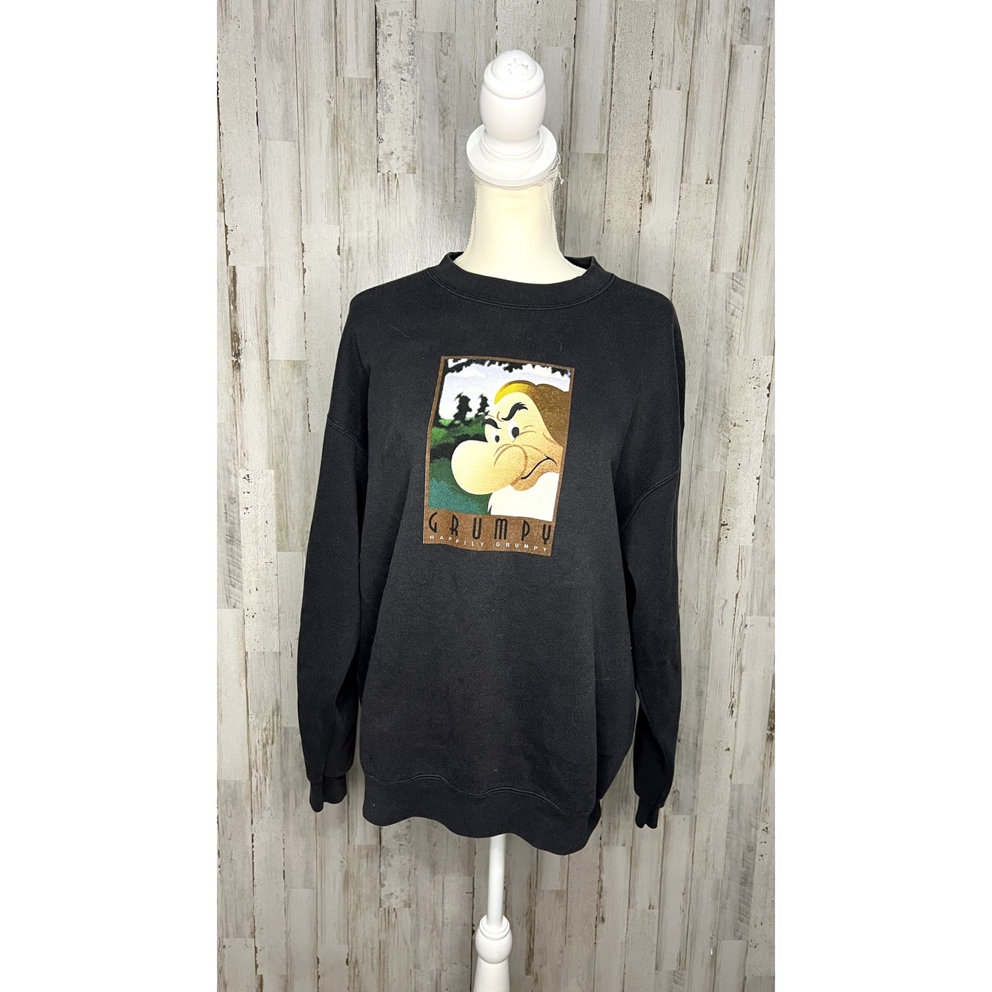 Vintage Disney Grumpy Happily Grumpy Pullover Sweatshirt Unisex Large Dark Gray