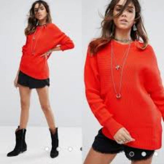 Free People Sweater Women's Small Orange Pullover Crew Neck Longsleeve Boho