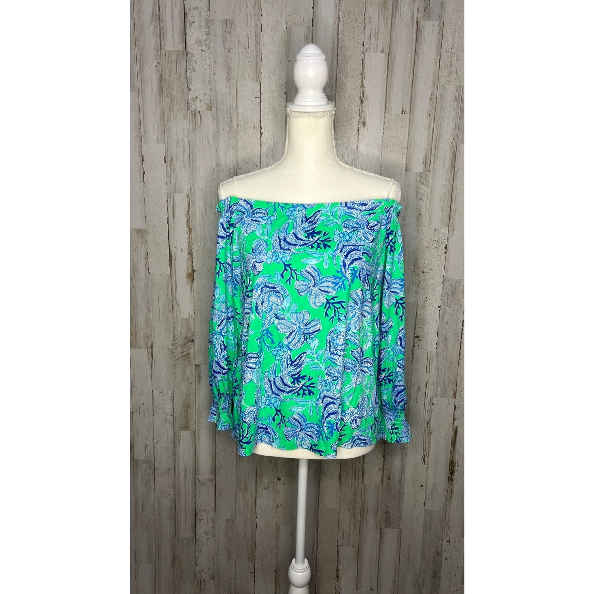 Lilly Pulitzer Women's Large Green Off Shoulder Geometric Blouse Casual