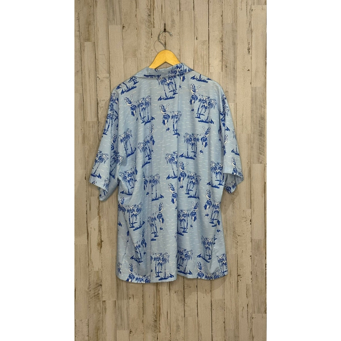Men's 3XL Hawaiian Shirt Light Blue Tropical Print Hula Dancers Palm Trees