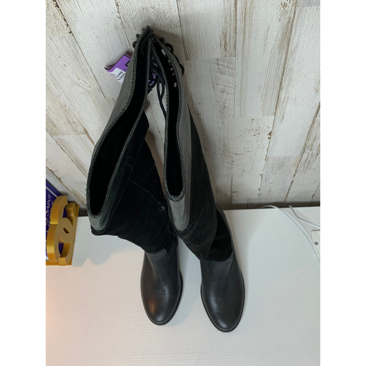 Lucky Brand Riding Boots Womens Size 6 Black Knee High Side Zip Block Heel