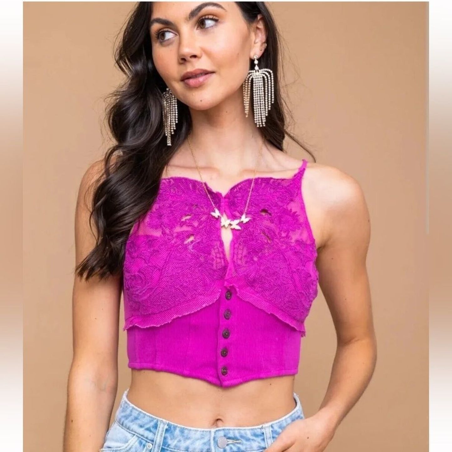 NWT Free People Have My Heart Tank Top Womens XL Pink Lace Corset Crop Cami