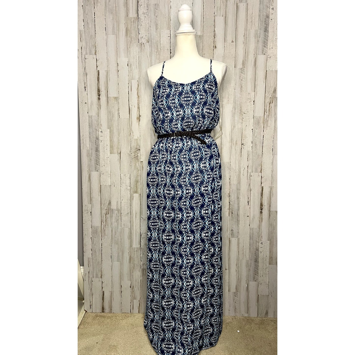 Lily Rose Women's Medium Blue Polynesian Belted Maxi Dress Sleeveless