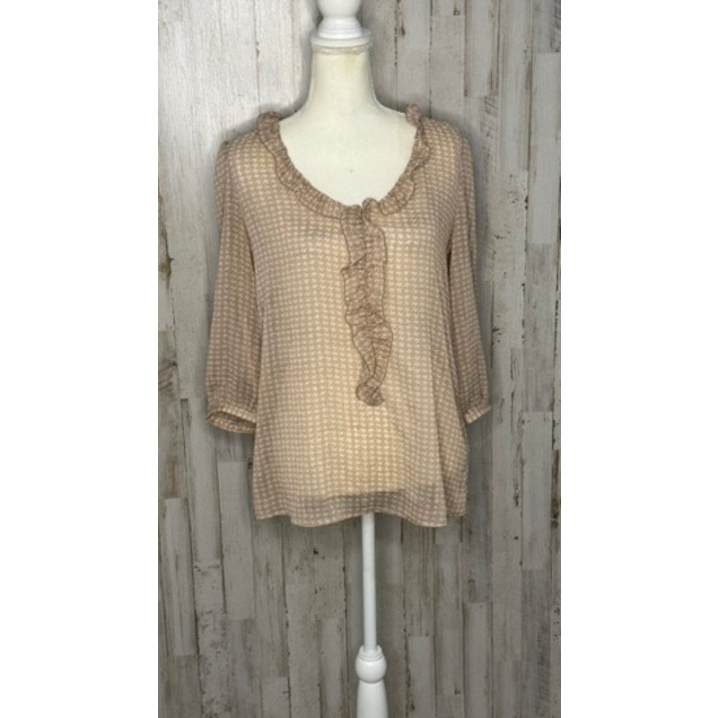 Gap Women's Beige Houndstooth Ruffle Blouse Size Small Casual 3/4 Sleeve