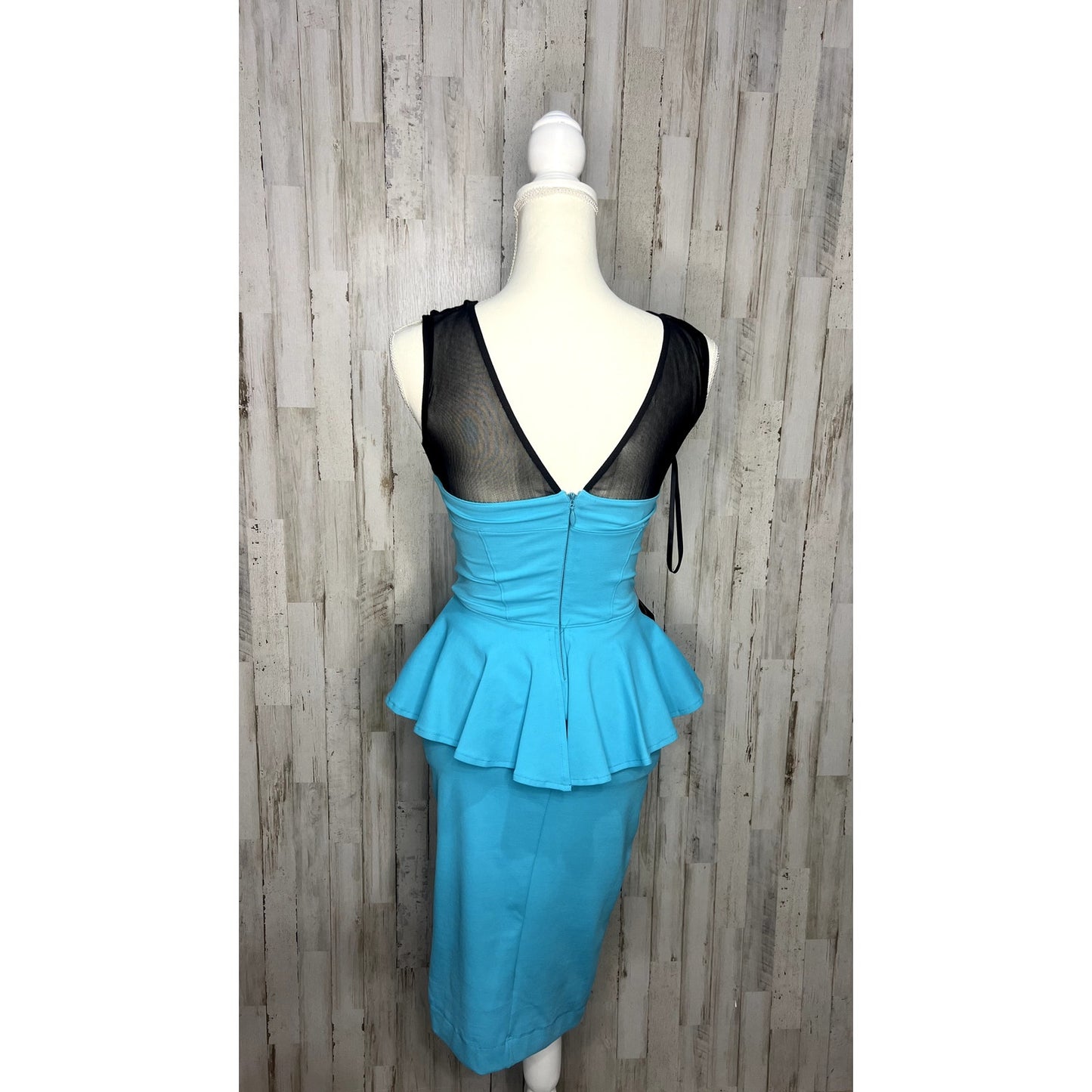 NWT Bebe Blue Mesh Yoke Sleeveless Peplum Midi Dress XS Party Cocktail