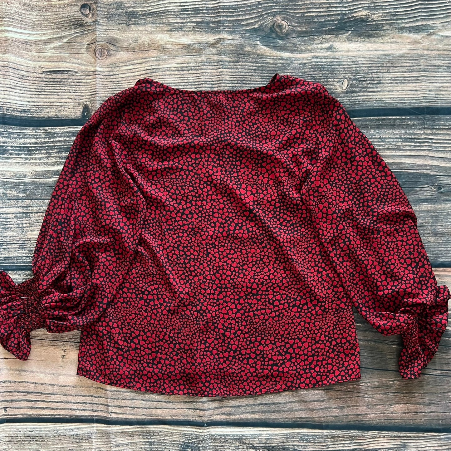 1. State Women's XL Red Heart Print V-Neck Blouse Ruffle Sleeves