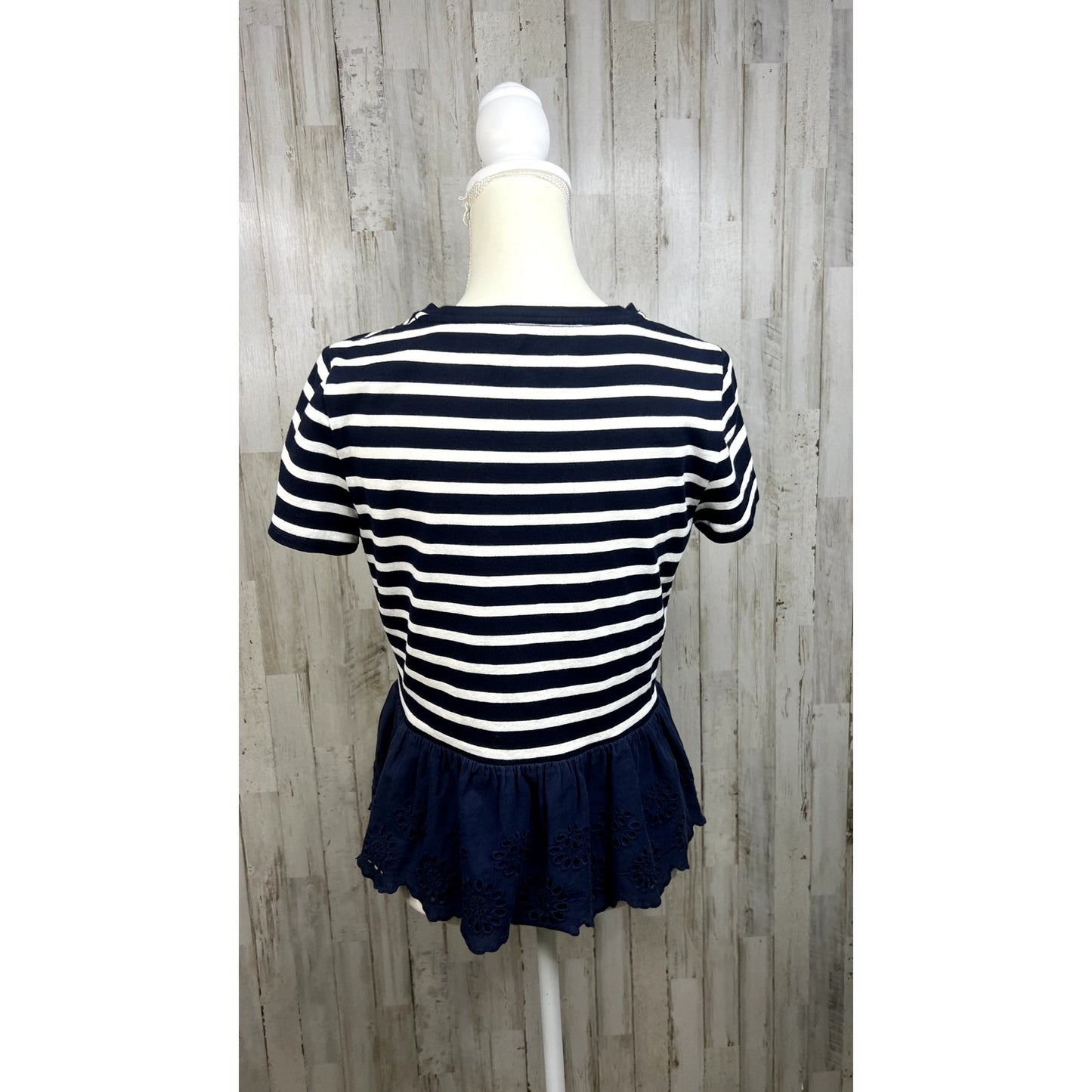 Kate Spade Women's Small Blue/White Striped Short Sleeve Peplum Eyelet Blouse