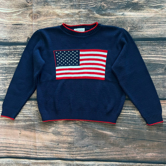 Carly Blake Vintage American Flag Sweater Petite Medium Blue Pullover