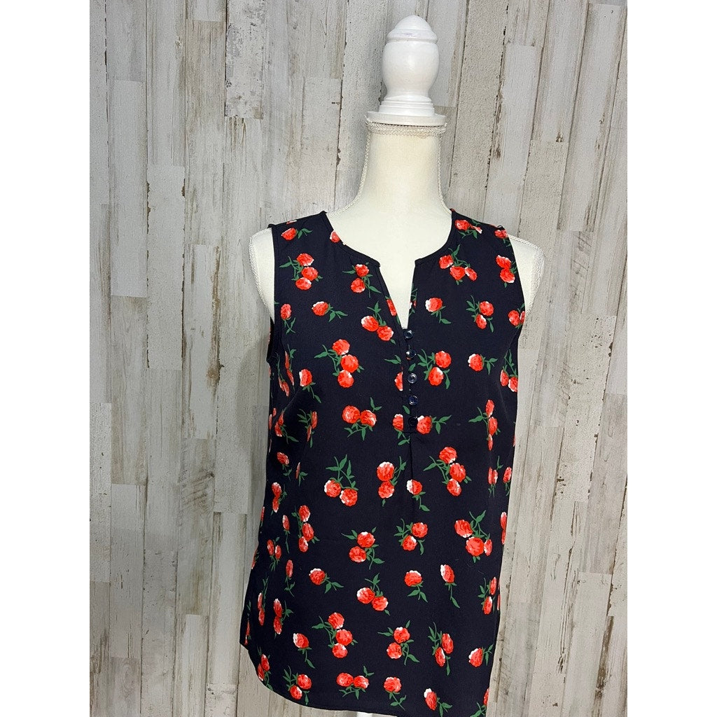 Talbots Petite Women's Sleeveless Raspberry Print Blouse Navy Size Small