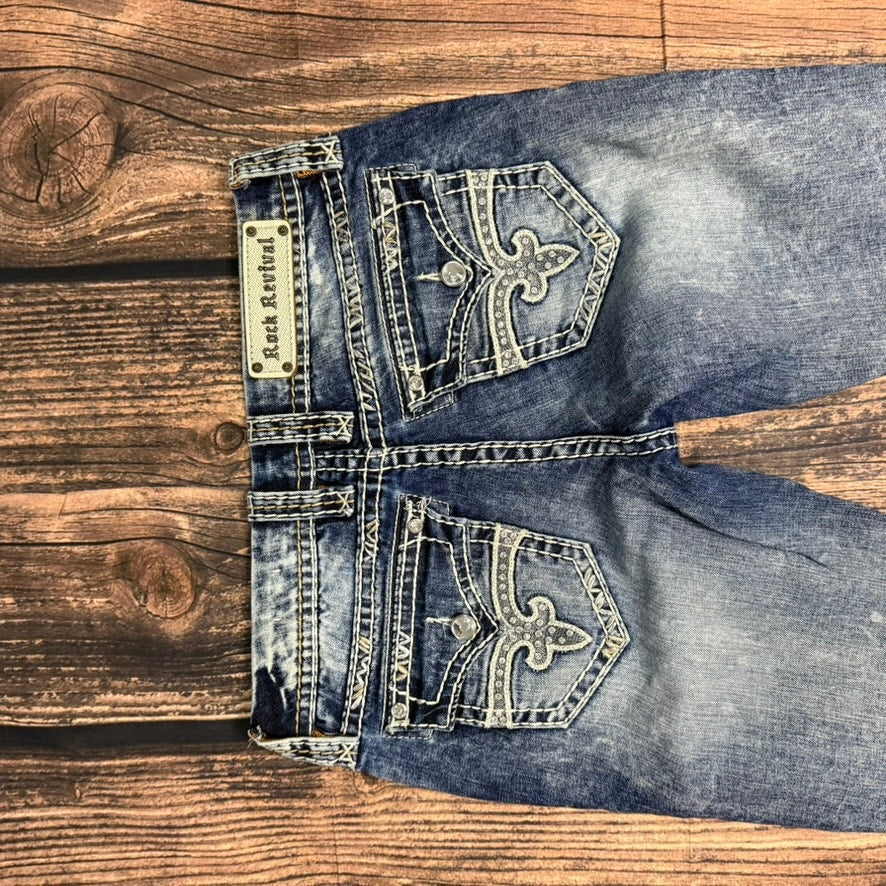 Rock Revival Jillian Women's Capri Jeans Blue Medium Wash Embroidered Size 27