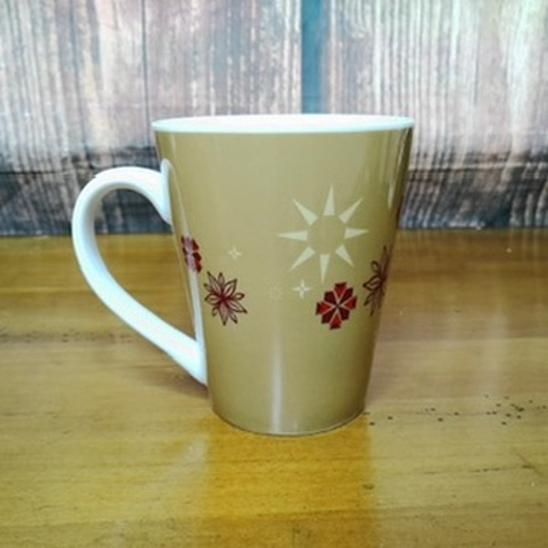 Starbucks Coffee Mug 2009 Tan Holiday Snowflake Floral Cup