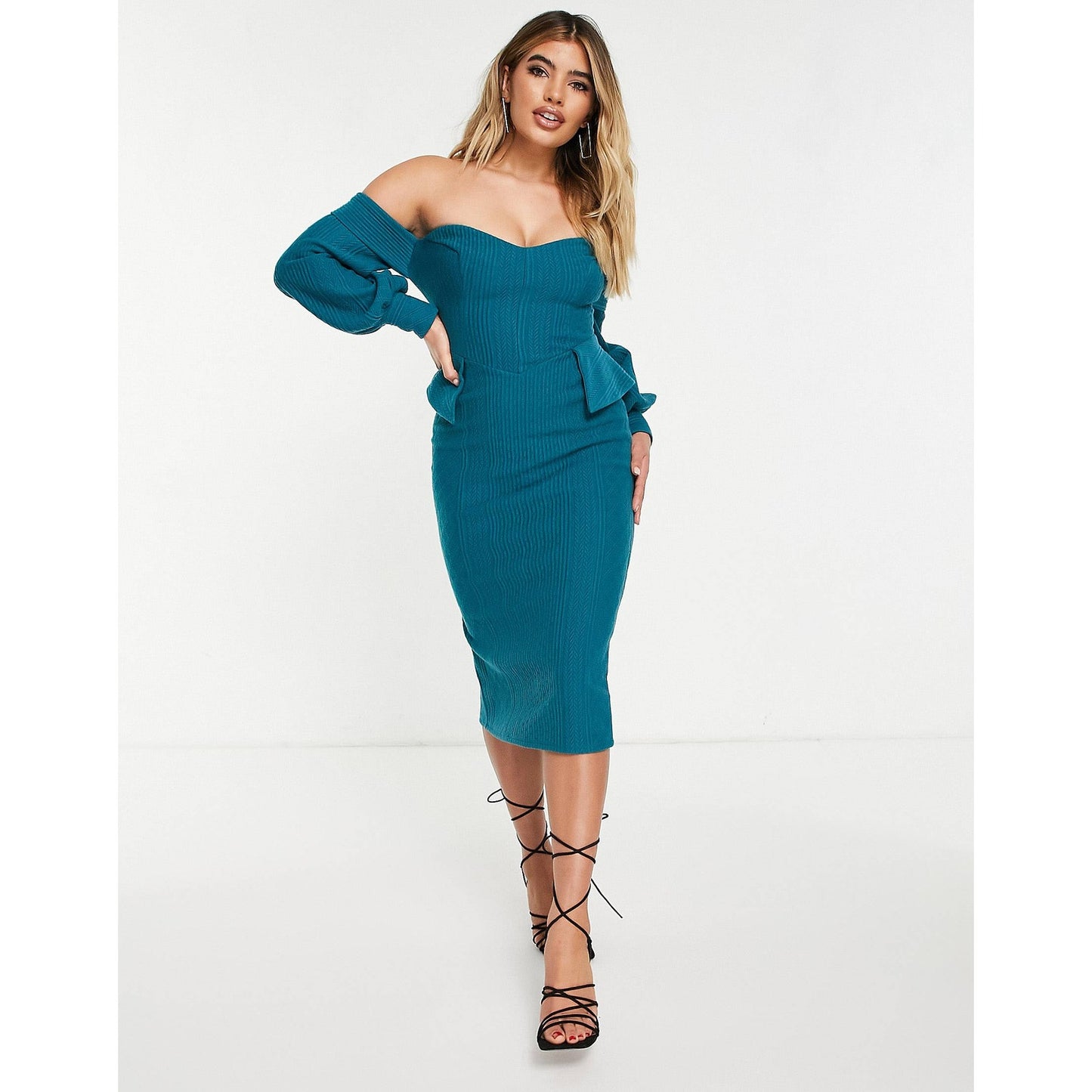 ASOS DESIGN Women's Off Shoulder Cable Knit Pencil Midi Dress Teal Size 4